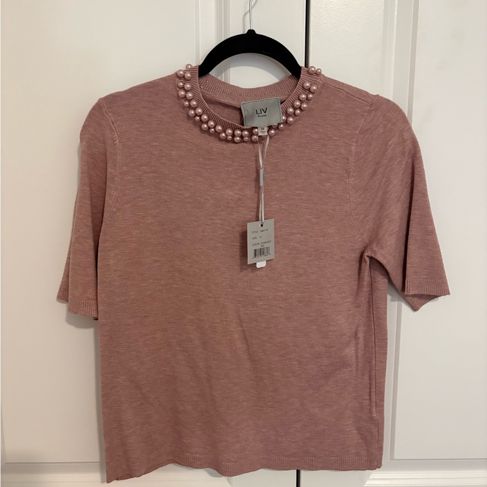 Pearl-Embellished Short Sleeve Sweater in Dusty Rose